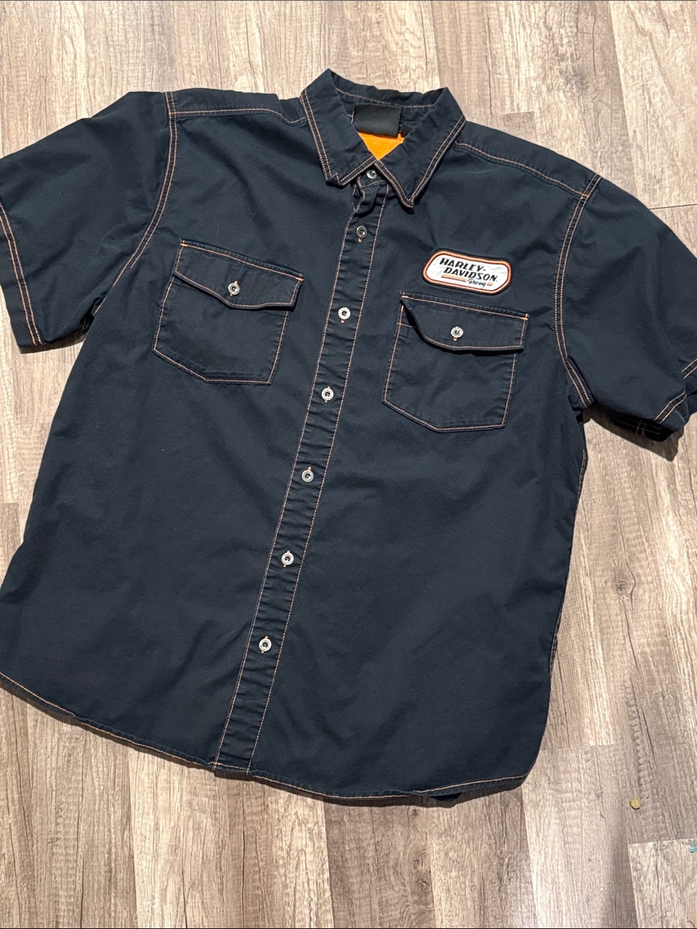 Harley-Davidson Black Short Sleeve Button-Down Work Shirt with Orange Trim